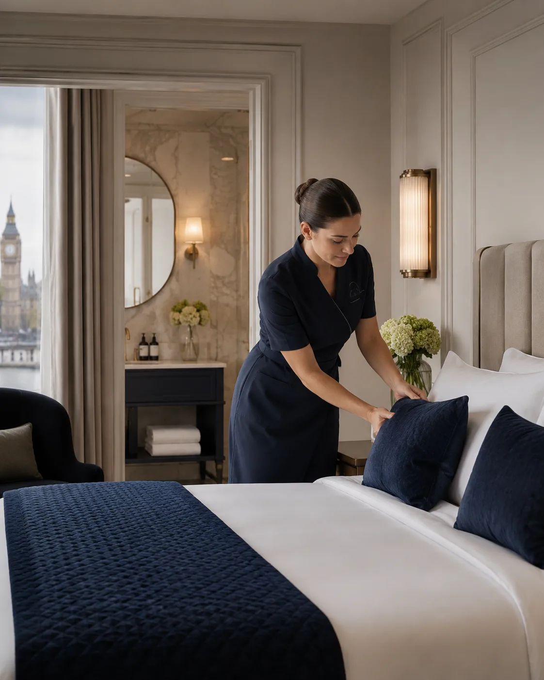 A housekeeper in a navy uniform styling a luxury London hotel bed with fresh flowers, Big Ben visible through the window