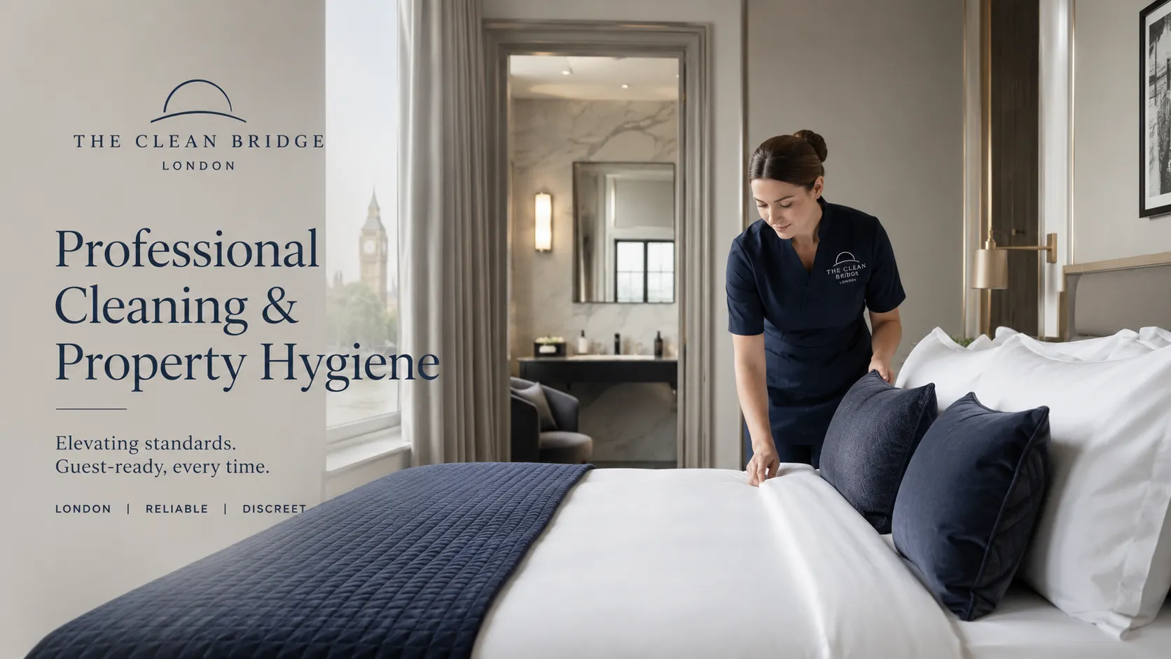 Professional cleaner preparing a hotel room in London